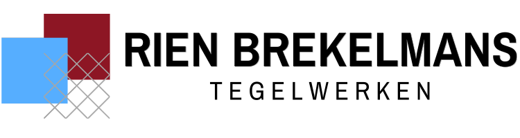 Logo van Rien Brekelmans Tegelwerken met de bedrijfsnaam in zwarte letters naast een blauw en rood vierkant met een grijze rasterstructuur.